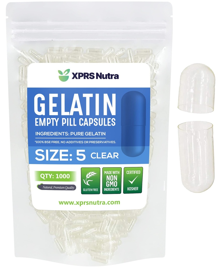 XPRS Nutra Størrelse 5 Tomme kapsler - 1000 Tæl meget lille Tomme Tomme Gelatine kapsler - Piller selv Kapsel Fyldning - Fyldelig Pille Gel Caps til Do- It- Yourself Vitamin Kosttilskud