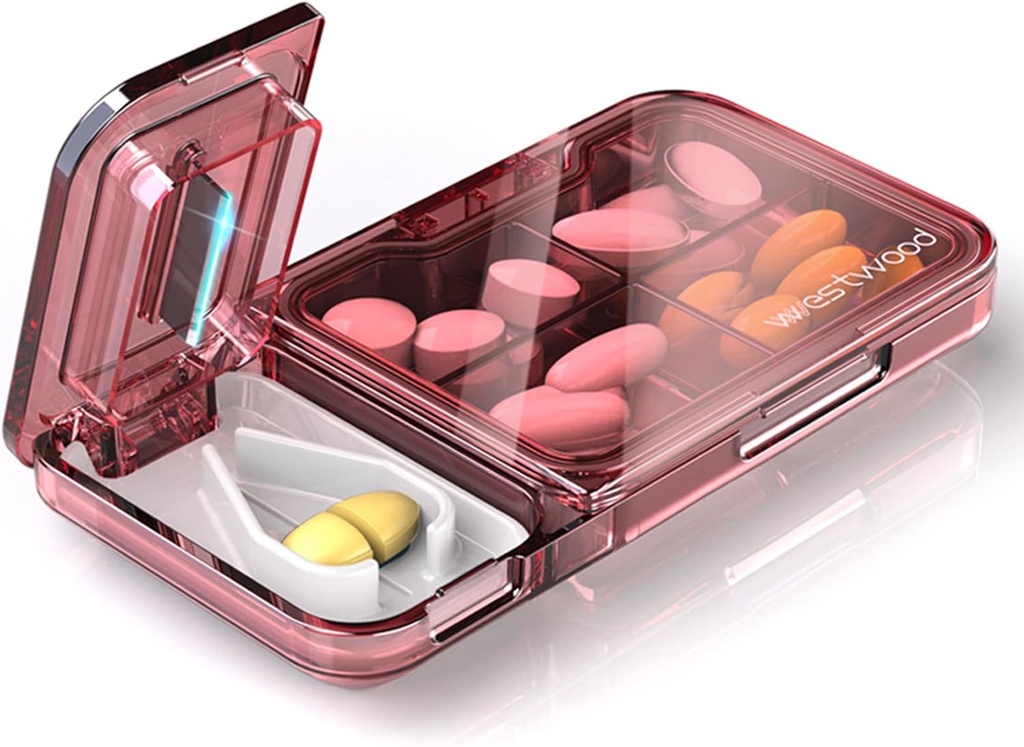 Travel Pill Organizer med Pill Cutter Splitter, 4 Compartments Pill Case, Lille Pill Box til Pocket Purse, Daily Pill Container til at holde Vitaminer Cod Lever Oil Kosttilskud, Medicine Planner (Pink)