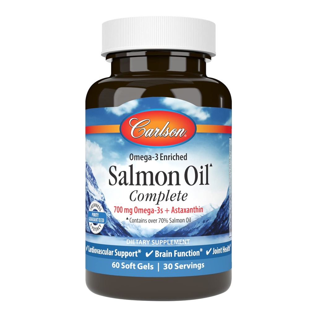 Carlson - Salmon Oil Complete, 700 mg Omega- 3s + Astaxanthin, Cardiovaskulær Support, Brain Function & Joint Health, 60 Softgels