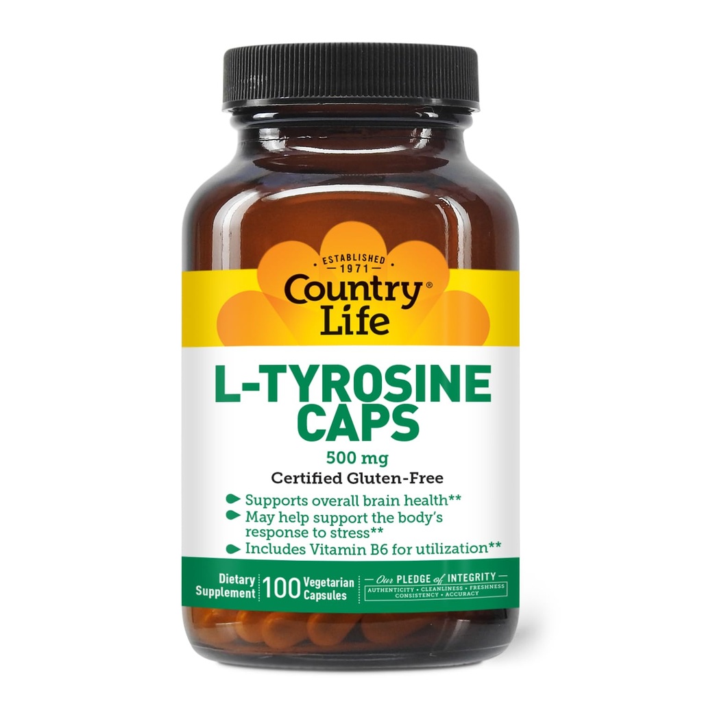 Country Life L- Tyrosine 500mg with Vitamin B6 Supplement - Certified Gluten- Free, Vegetar, Kosher, øger fokus & energi, understøtter hjernesundhed, forbedrer mentalitet Klarhed, ikke-GMO - 100 kapsler