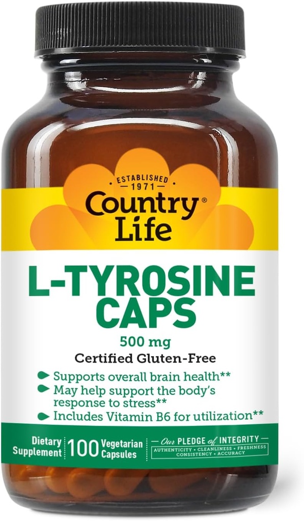 Country Life L-Tyrosine 500mg with Vitamin B6 Supplement - Certified Gluten-Free, Vegetarian, Kosher, Boosts Focus & Energy, Supports Brain Health, Enhances Mental Clarity, Non-GMO - 100 Capsules