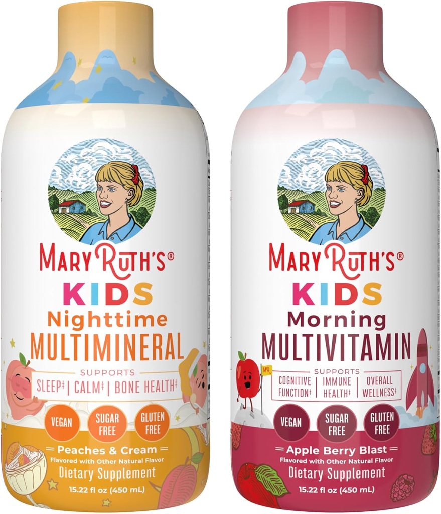 MaryRuth 's Flydende Multivitamin (Apple Berry) & Nighttime Multimineral (Peaches & Cream) for børn 124; Clean Label Project Verified ® - 124; Vitaminer for energi, muskelafslapning, & Samlet wellness - 124; Vegan