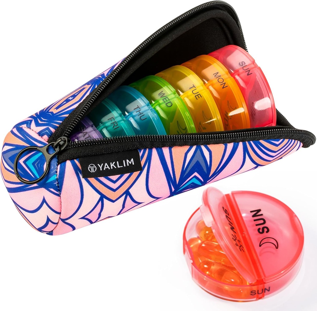 Yaklim Pill Organizer 2 Times a Day, Excellent Quality Neoprene Travel Pill Box, AM/PM Weekly Pill Containers 7 Day with Portable Zipper Storage Cloth Bag for Vitamin Fish Oils Supplement (Pink)