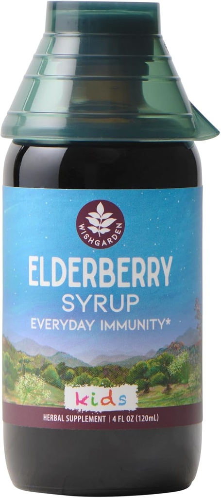 WishGarden urter Organic Elderberry Syrup til børn - Childrens Elderberry Syrup med sort Elderberry, Astragalus, Orange Peel & Honey, Daglig immunbooster til børn, børn 1 +, Ingen sukker tilsat, 4oz