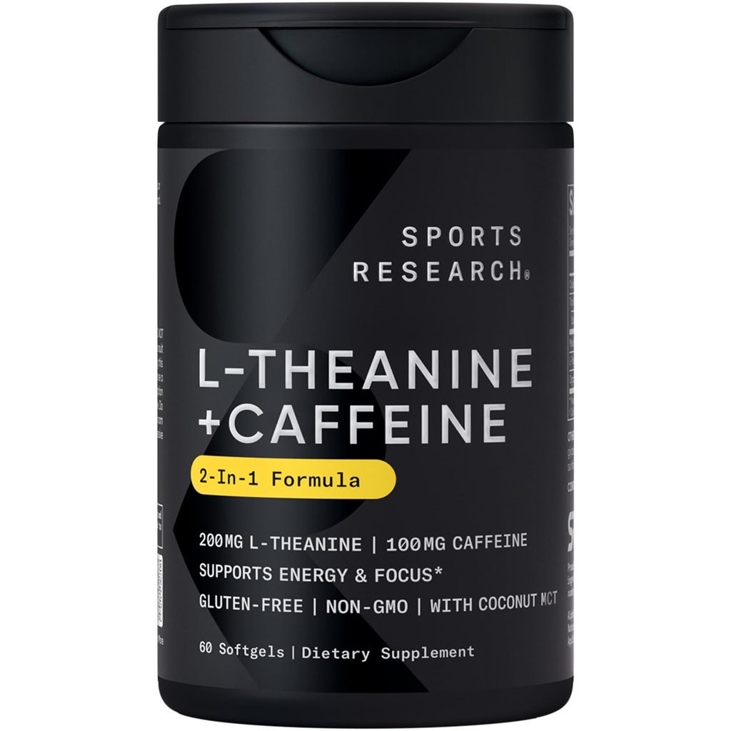 Sports Research L- Theanine tillæg med koffein & kokos MCT Oil - Focus Energy, Alerness & relaxation without Drowsiness - 200mg L Theanine, 100mg Organic Coffein - 60 flydende bløddele