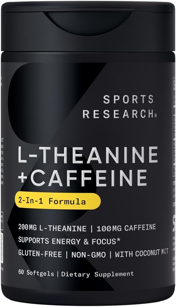 Sports Research L- Theanine tillæg med koffein & kokos MCT Oil - Focus Energy, Alerness & relaxation without Drowsiness - 200mg L Theanine, 100mg Organic Coffein - 60 flydende bløddele
