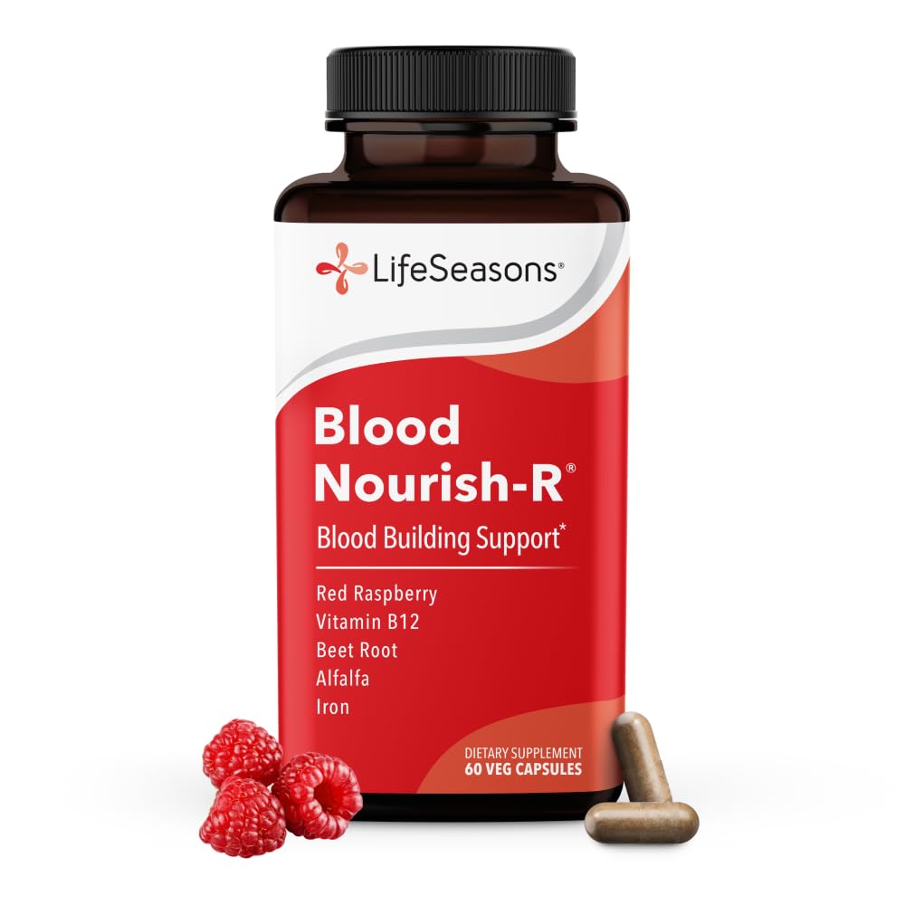 LifeSeasons Blood Nourish- R - Iron Dificiency Supplement - Understøtter Anæmi, Træthed, Paleness & Svimmelhed - Ingen Forstoppelse - Blood Building - Jern, Alfalfa, Hindbær & Vitamin B- 12- 60 Kapsler
