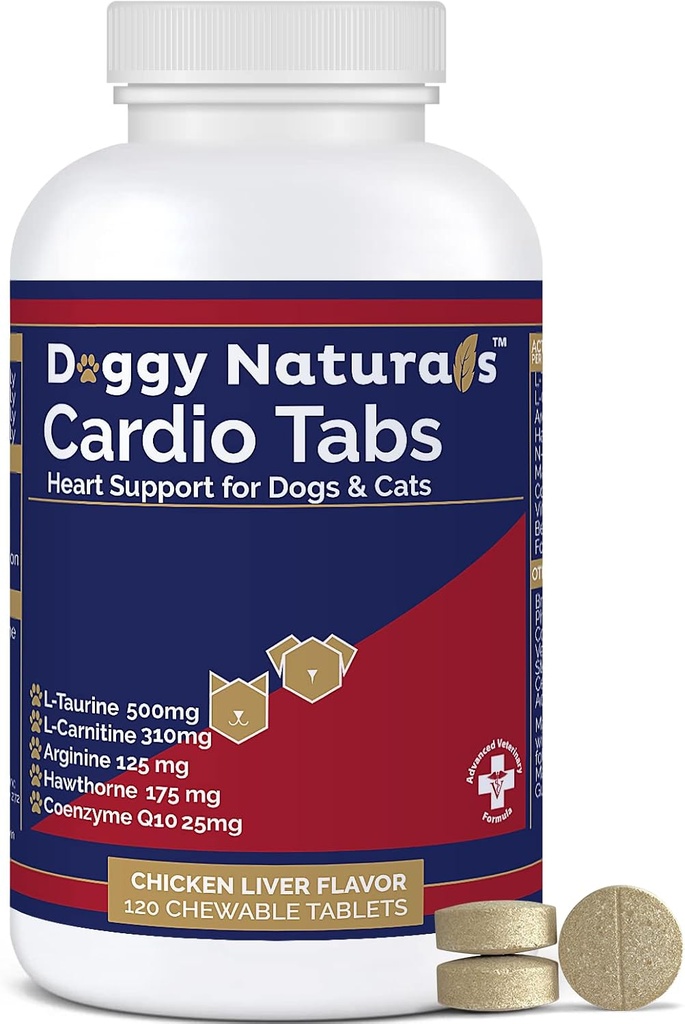 Cardio Tabs Heart Support Supplement til hunde - Aids Cardio Support og Cardio Strength Supplement til hund, L- Taurine, L- Carnitin, Hawthorn, L Arginin, Coenzym Q10 - Made in USA - 120 Tablet