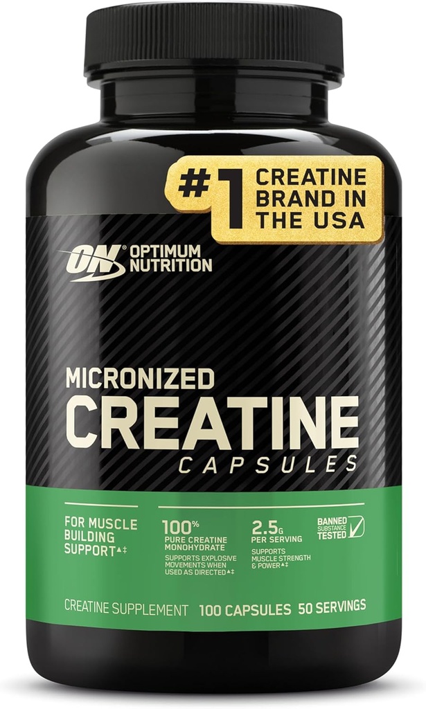 Optimum Nutrition Mikroniseret Creatin monohydrat kapsler, Keto Friendly, 2500mg, 100 kapsler