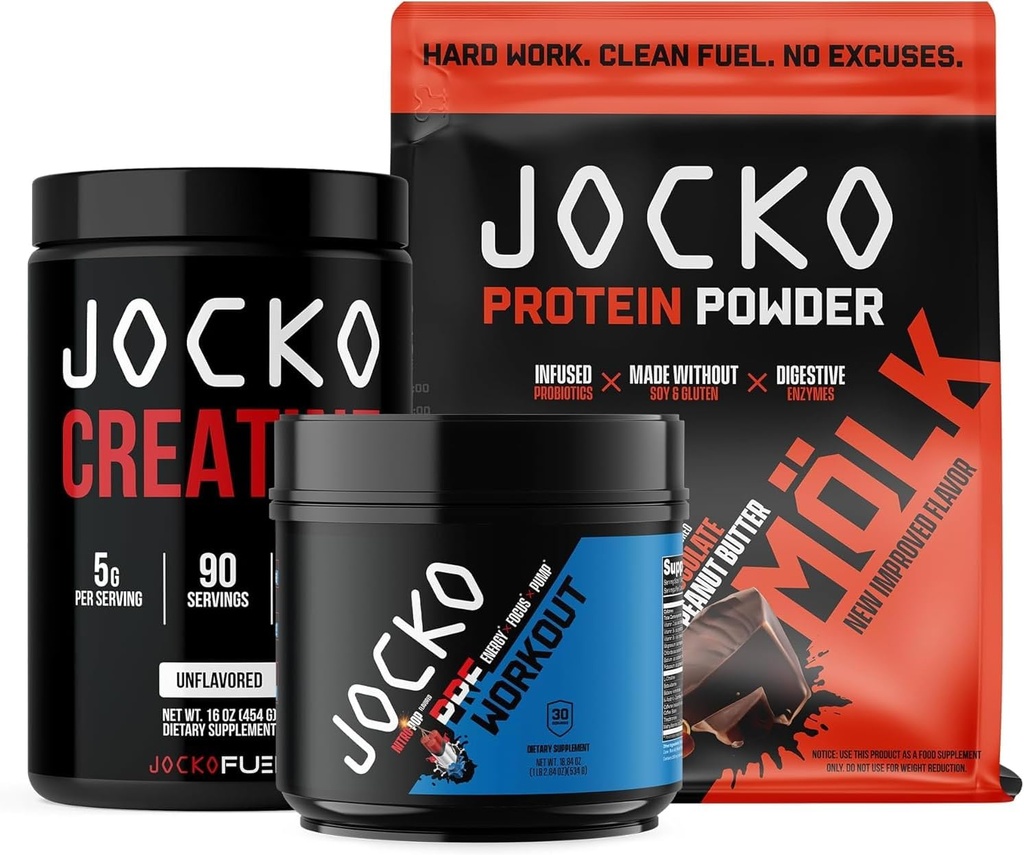 Jocko Fuel 3 Pack Bundle - Creatin, Chokolade Peanut Butter MOLK Protein, & Nitro Pop Pop Pre Workout