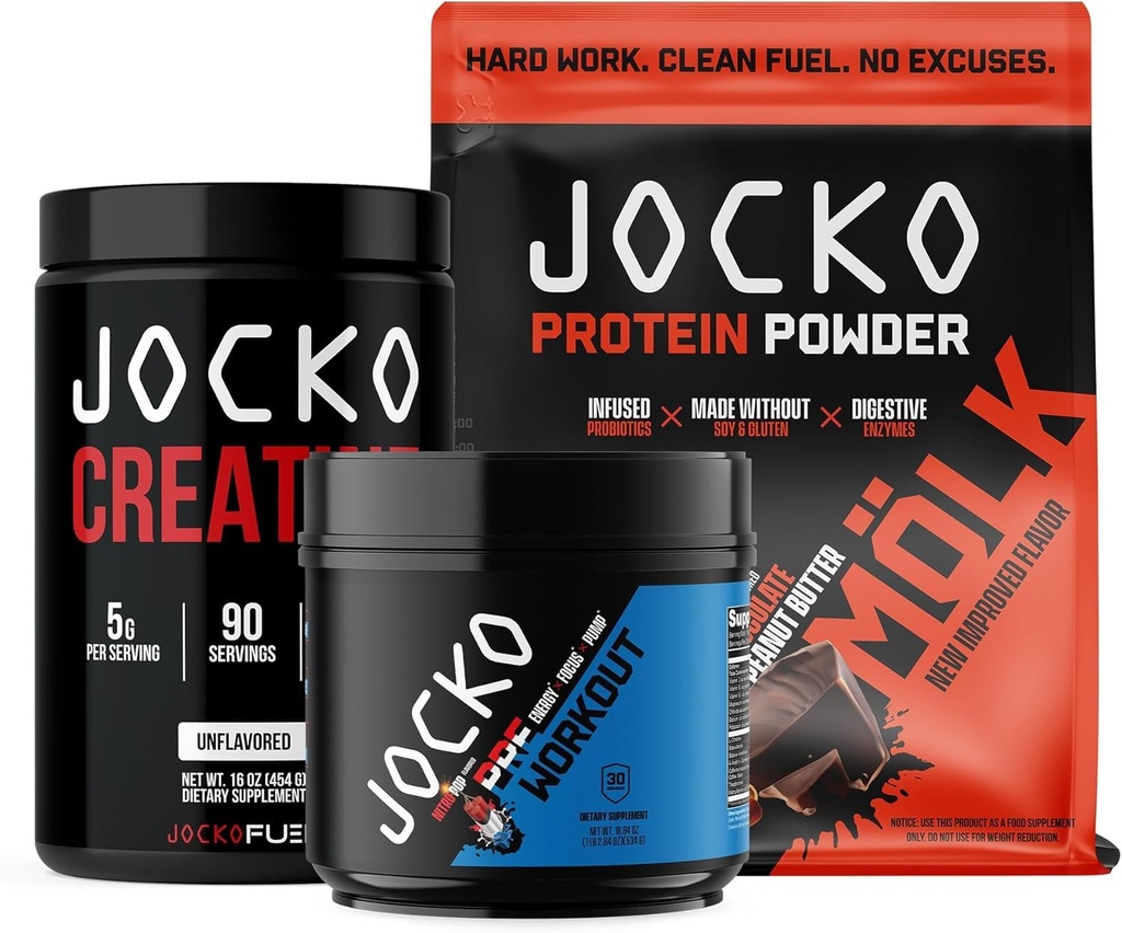 Jocko Fuel 3 Pack Bundle - Creatin, Chokolade Peanut Butter MOLK Protein, & Nitro Pop Pop Pre Workout