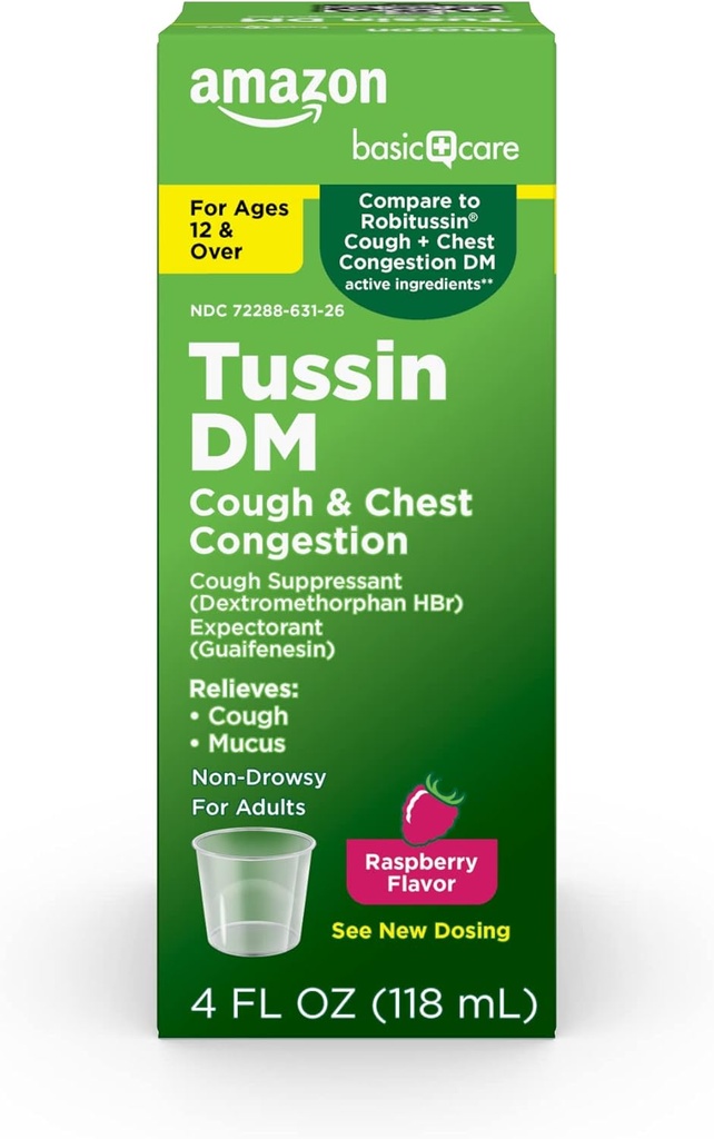 Grundlæggende pleje Tussin DM, Cough Plus Chest Congestion Syrup for voksne og alder 12 og over, Raspberry Flavor, 4 fl oz (Pack of 1)
