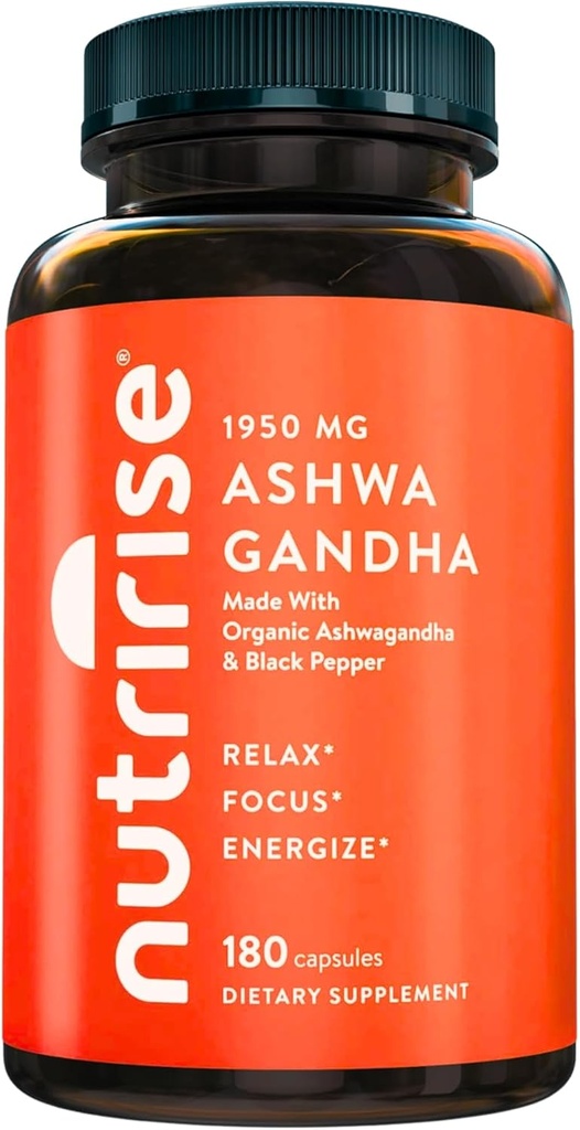 Nutrise Organic Ashwagandha Root Capsules with Black Pepper 1950mg, Natural Stress & Mood, Thyroid & Immun Support, Sleep Aid, Clarity, Focus & Energy, Gluten Free, 180 Count
