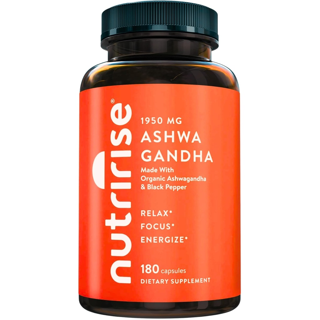Nutrise Organic Ashwagandha Root Capsules with Black Pepper 1950mg, Natural Stress & Mood, Thyroid & Immun Support, Sleep Aid, Clarity, Focus & Energy, Gluten Free, 180 Count