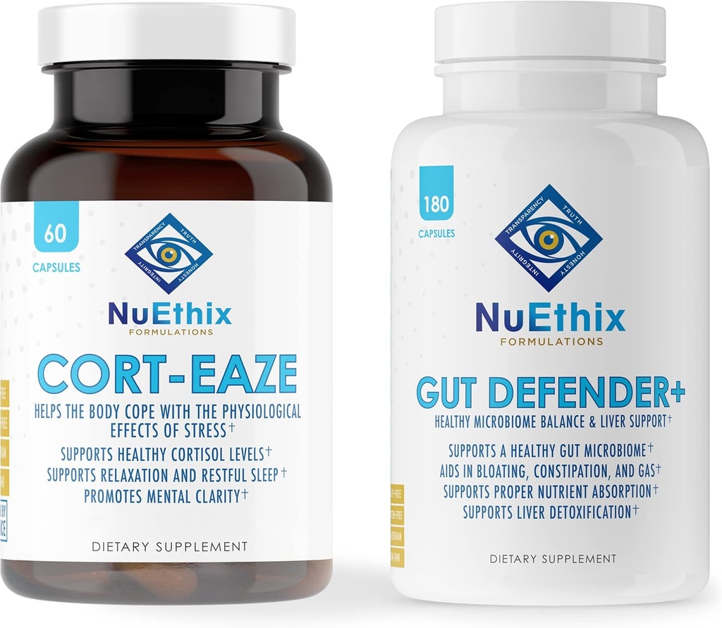 NuEthix Formuleringer Cortisol og Microbiome Balance Supplement Bundle: Cort- Eaze Cortisol- Control Supplement, 60 Kapsler, 30 Servere og Gut Defender +, 180 Kapsler, 90 Servere