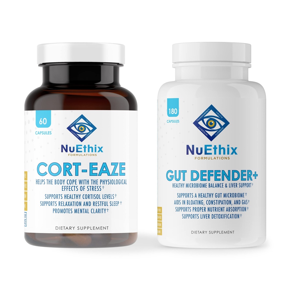 NuEthix Formuleringer Cortisol og Microbiome Balance Supplement Bundle: Cort- Eaze Cortisol- Control Supplement, 60 Kapsler, 30 Servere og Gut Defender +, 180 Kapsler, 90 Servere