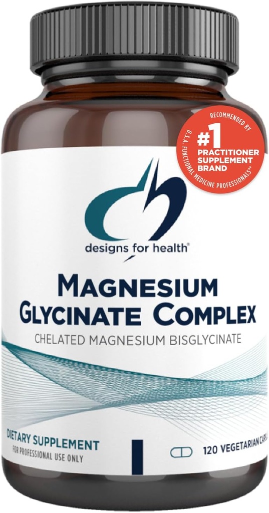 Design for sundhed Magnesium Glycinate Complex - Chelated Magnesium Bisglycinate + Høj Absorption Magnesium til Calming & Sleep, Heart Health, immunforsvar & Knoglestyrke - Vegan (120 kapsler)