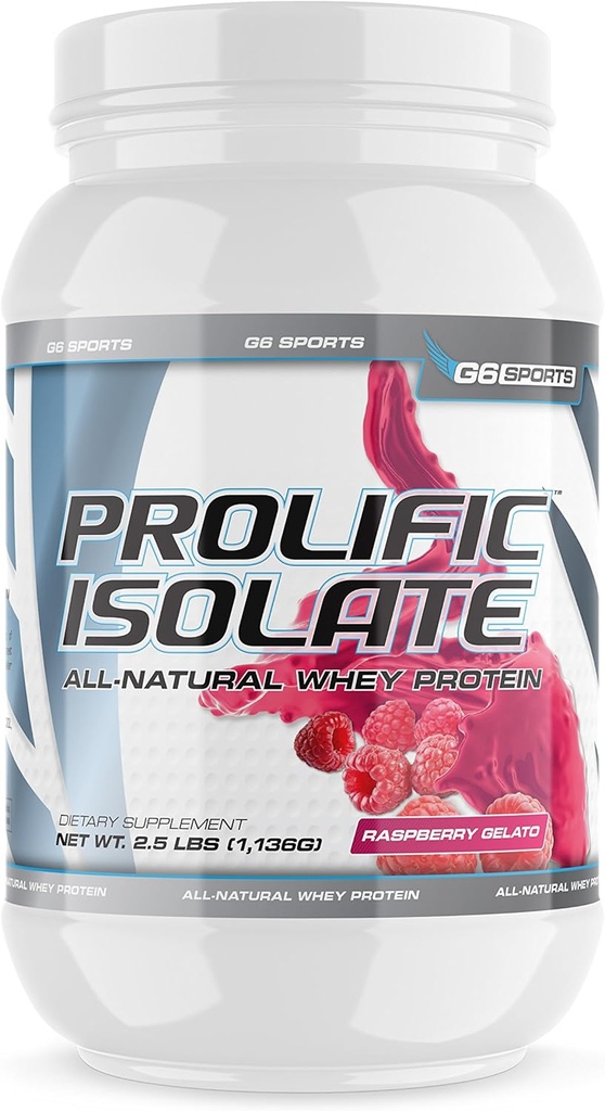 G6 Sports Nutrition Prolific Isolate All Natural Whey Protein Isolate (Gluten Free, Lactose Free, Soy Free, Stevia Sødet, 25g Protein, 100 kalorier) - 2.5lb Jar - Hindbær Gelato