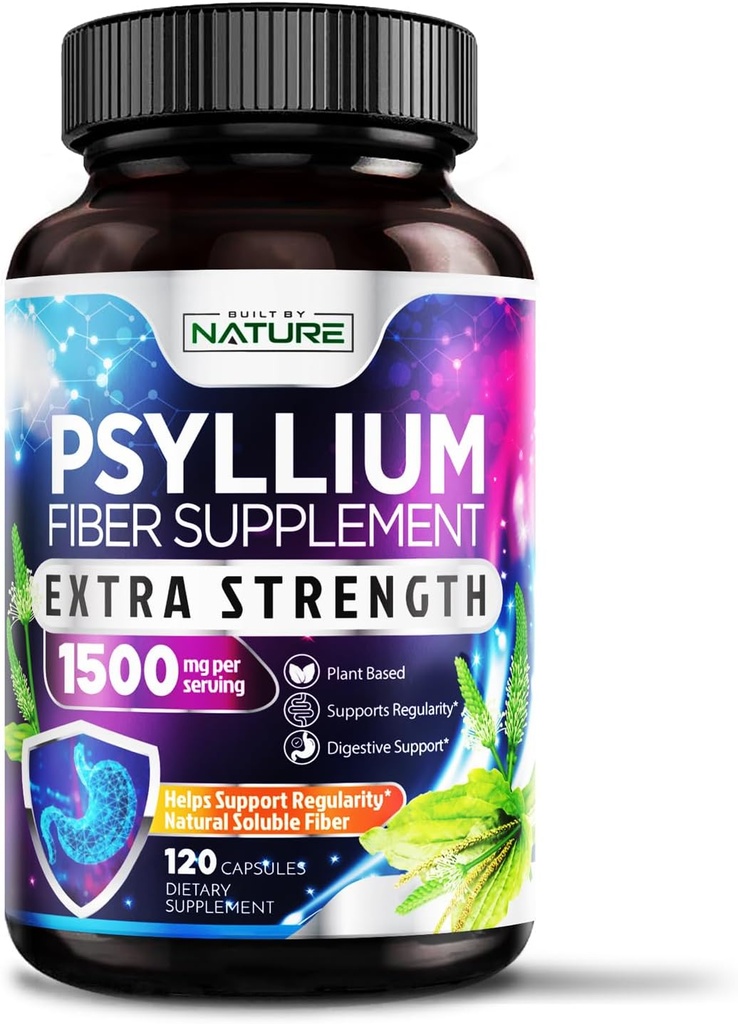 Psyllium Husk Kapsler 1500mg - Fiber Supplement - Natural Opløselige Fiber Pills med Psyllium Husk Powder - Understøtter fordøjelsesbesvær Gut og kolon sundhed - Non- GMO, Gluten- Free, Vegan - 120 Kapsler