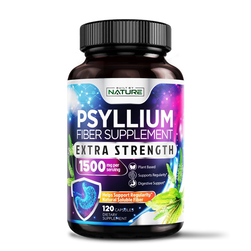 Psyllium Husk Kapsler 1500mg - Fiber Supplement - Natural Opløselige Fiber Pills med Psyllium Husk Powder - Understøtter fordøjelsesbesvær Gut og kolon sundhed - Non- GMO, Gluten- Free, Vegan - 120 Kapsler