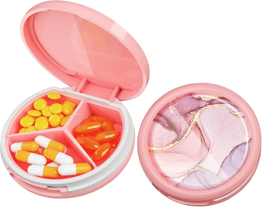 Serfeymi Small Pill Box - 3 afdelinger Portable Pill Box til purse Pocket, Compact Mini Travel Pill Case - Egnet til medicin, Vitamin, Fish Oil, Kosttilskud - Pink (Marble)