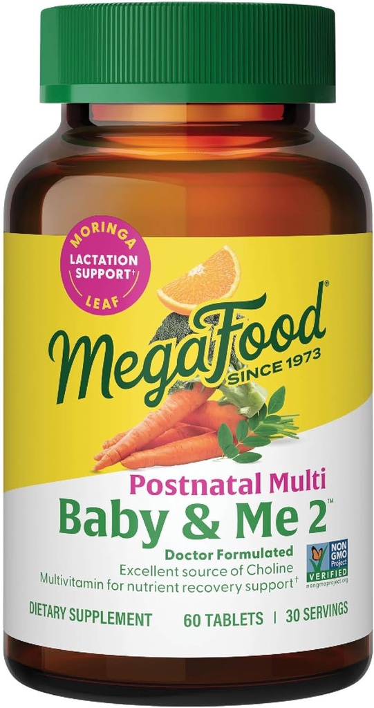 MegaFood Baby & Me 2 Postnatal Vitamins for Women Breastfeeding with Folate (Folic Acid Natural Form), Choline, Iodine, Vitamin D, Moringa Leaf and More - 60 Tabs (30 Servings)