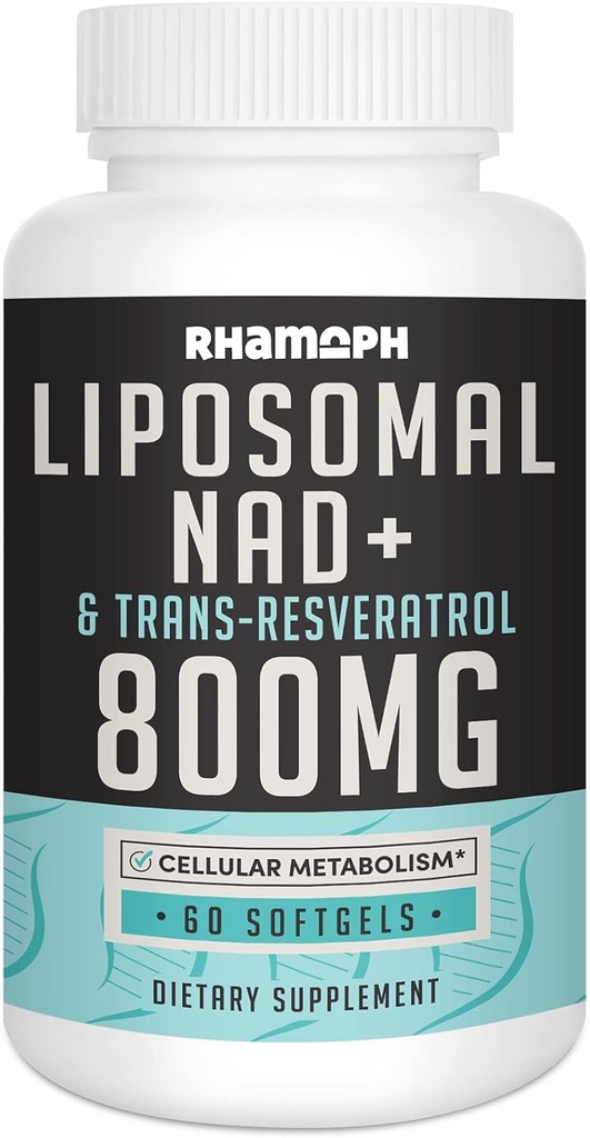 Liposomal NAD + 800 mg med Trans- Resveratrol 300 mg, Max Absorption, Faktisk NAD + Boosting supplement til sund aldring, cellular energi, DNA reparation, lang levetid - 60 Softgels