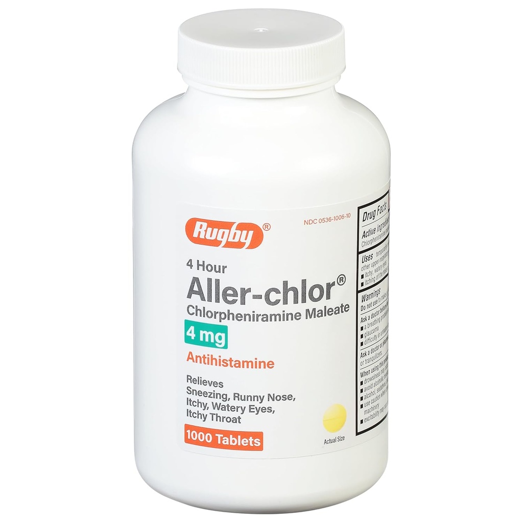 Rugby 4 timers aller- chlor - Chlorpheniramin Maleate 4 mg - Antihistamin - 1000 tabletter (1 pakke)