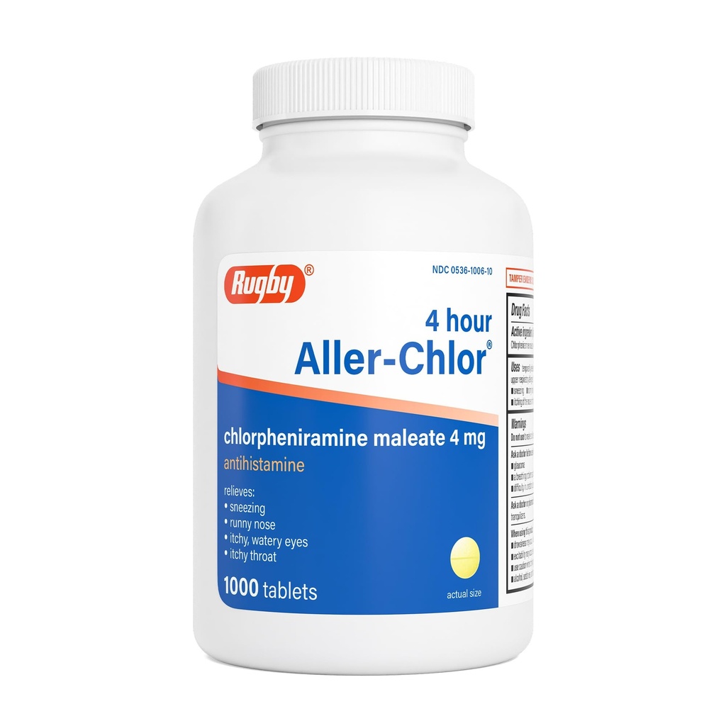 Rugby 4 timers aller- chlor - Chlorpheniramin Maleate 4 mg - Antihistamin - 1000 tabletter (1 pakke)