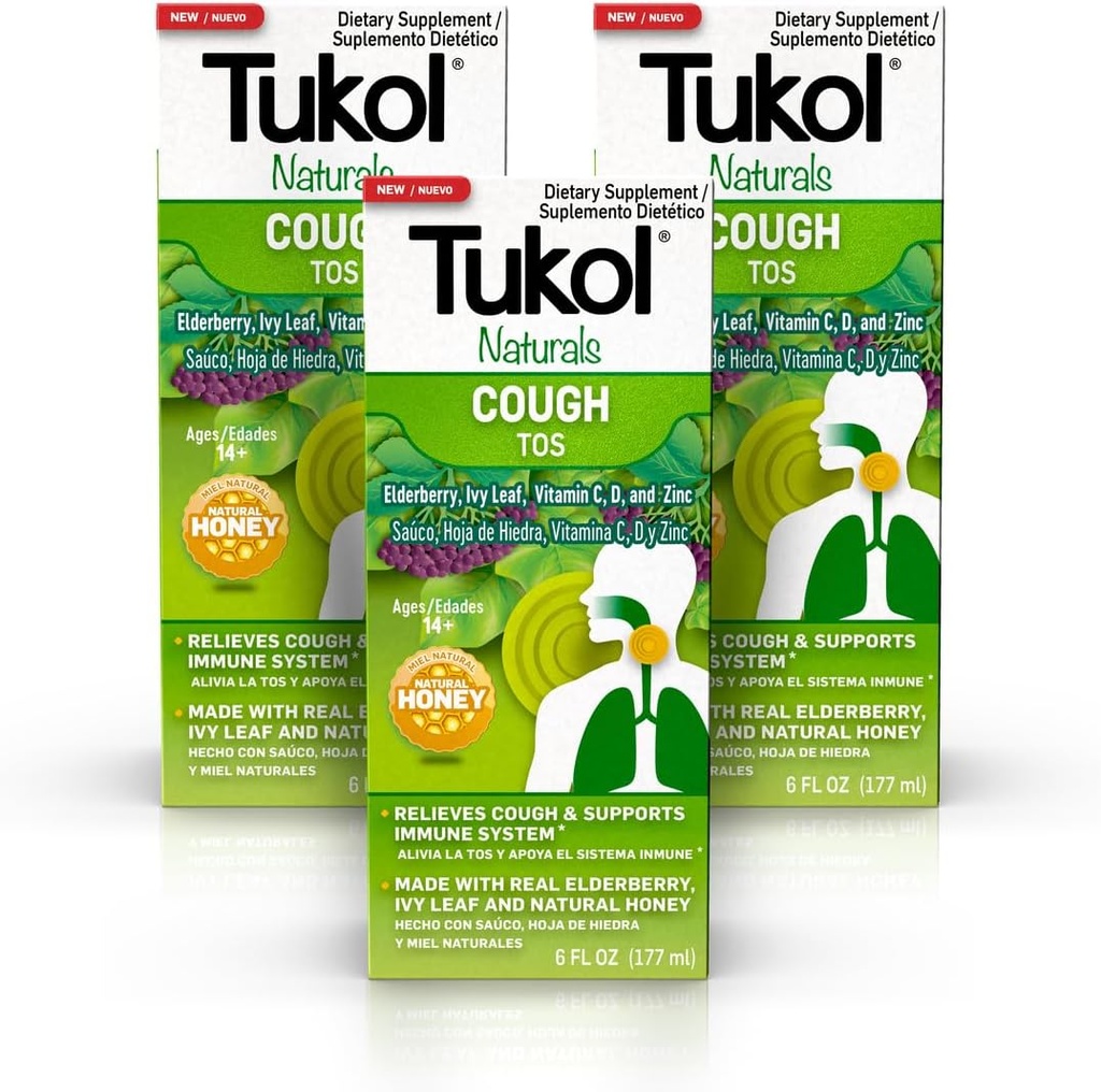 TUKOL Naturals Elderberry Syrup med C-vitamin, D-vitamin og zink, immunsupporttillæg med naturlig honning til voksne og teenagere, urtebærboost til Immunitet & antioxidant Support, 6oz, pakke med 3