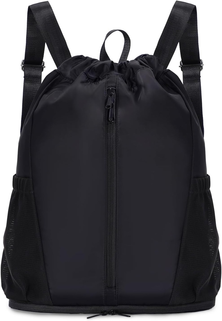 sportsnew Drawstring Backpack Sports Gym Bag with Shoes Compartment, String Backpack Cinch for Women Men, Water-Resistant Drawstring Bag for Workout Travel, Lightweight, Black, Patent Pending