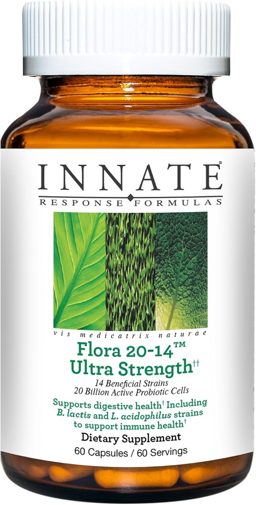 Innate Response Formulas Flora 20- 14 Ultra Strength - Probiotisk tillæg med 20 Millioner CFU - 14 Probiotiske Strops - Vegetarisk og ikke-GMO - Made without 9 Food Allergens - 60 Caps Medicules