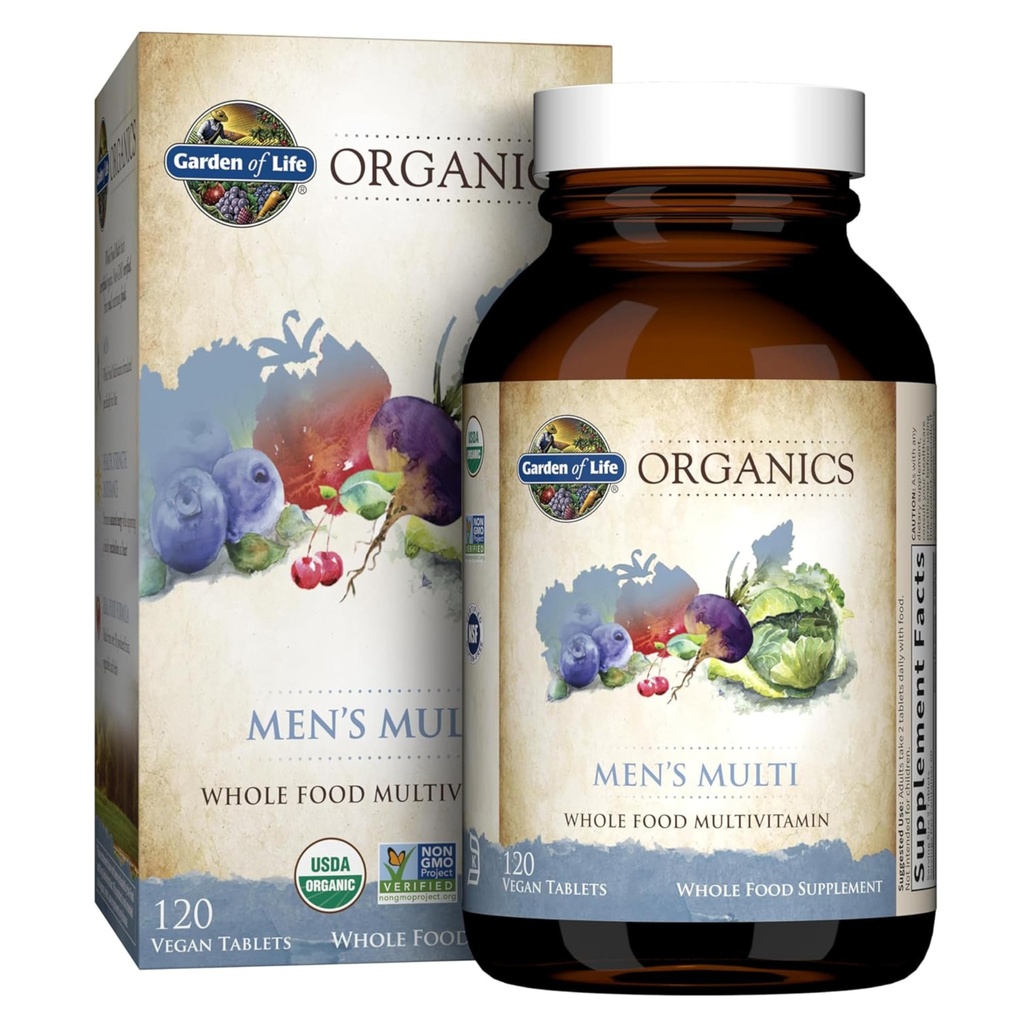 Livets Have Organics Hele fødevarer Multivitamin til mænd, 120 tabletter, Veganske Herre Vitaminer og mineraler til sundhed og velvære, Certificeret Organisk Vegan Multi