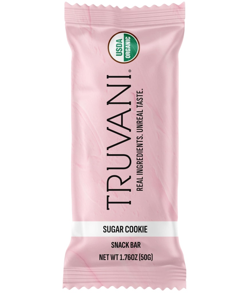 Truvani Plant Based Snack Bars 124; Sugar Cookie 1 Pack Shue 124; 6g Protein Shue 124; USDA Organic and Vegan Building 124; Den eneste Bar Shue 124; Dairy, Soy, og Gluten Free Shape 124; Individuelt indpakket