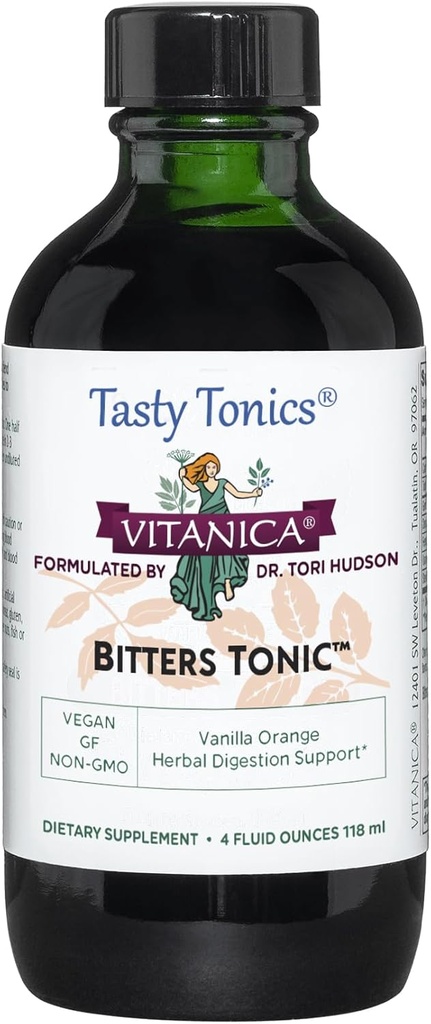 Vitanica Bitters Tonic, flydende fordøjelse tillæg, fordøjelsesstøtte, alkohol fri, Vanilla Orange, Vegan, 4 Ounce (Bitters Tonic)