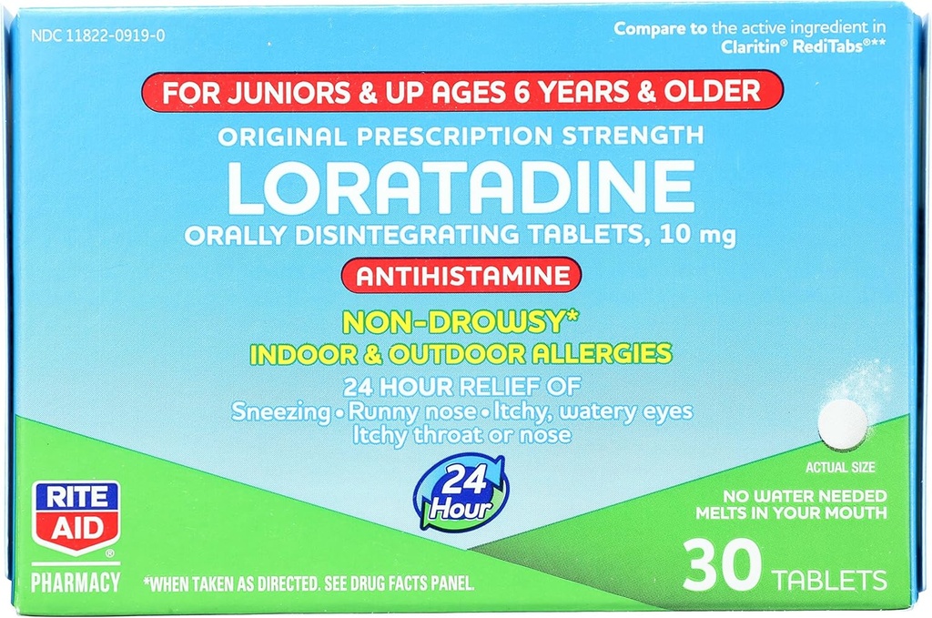 Rite Aid Kid's Non-Drowsy Allergy Relief, Loratadine 10mg, Mint Flavor - 30 Tablets | Orally Disintegrating Tabs | Ages 6 and Older