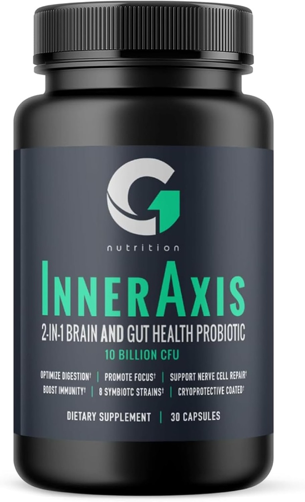 InnerAxis 2- in-1 Brain og Gut Health Probiotic, 10 Millioner CFU, 8 Symbiotiske Strops til Gut, Psykobiotisk, Mood og Brain Support, Acidophilus Probiotic til kvinder og mænd, 30 Servering