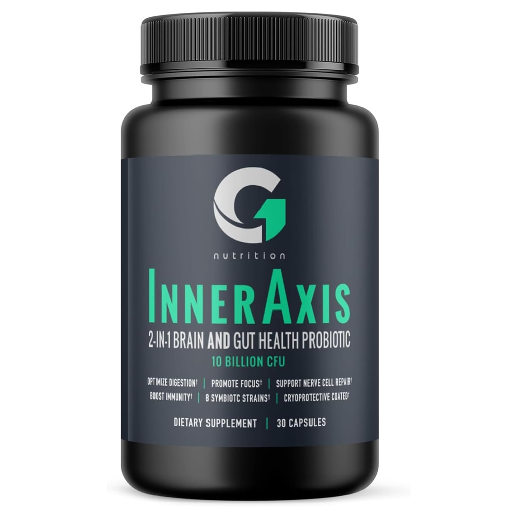 InnerAxis 2- in-1 Brain og Gut Health Probiotic, 10 Millioner CFU, 8 Symbiotiske Strops til Gut, Psykobiotisk, Mood og Brain Support, Acidophilus Probiotic til kvinder og mænd, 30 Servering