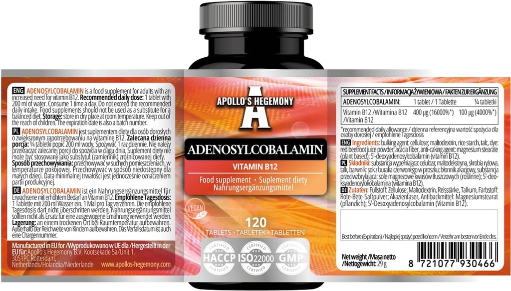 APOLLO 'S HEGEMONY Adenosylcobalamin 120 tabletter - Optimal biotilgængelig vitamin B12 for forbedret energi Metabolisme - 480 Servere - Kost Supplement