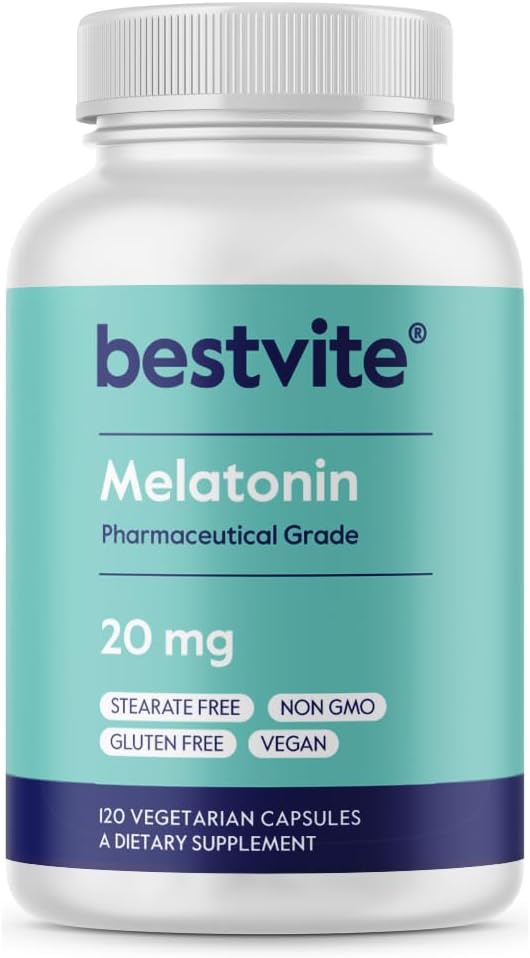 BESTVITE Melatonin 20 mg - 120 Veg Caps - No Stearates - No Sucralose, No Dextrose, No Silicon Dioxide, No Mannitol - Vegan - Non-GMO - Gluten- Free
