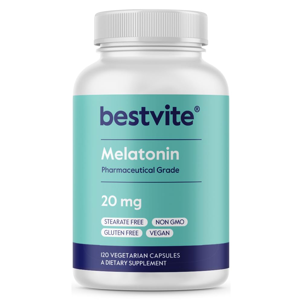 BESTVITE Melatonin 20 mg - 120 Veg Caps - No Stearates - No Sucralose, No Dextrose, No Silicon Dioxide, No Mannitol - Vegan - Non-GMO - Gluten- Free