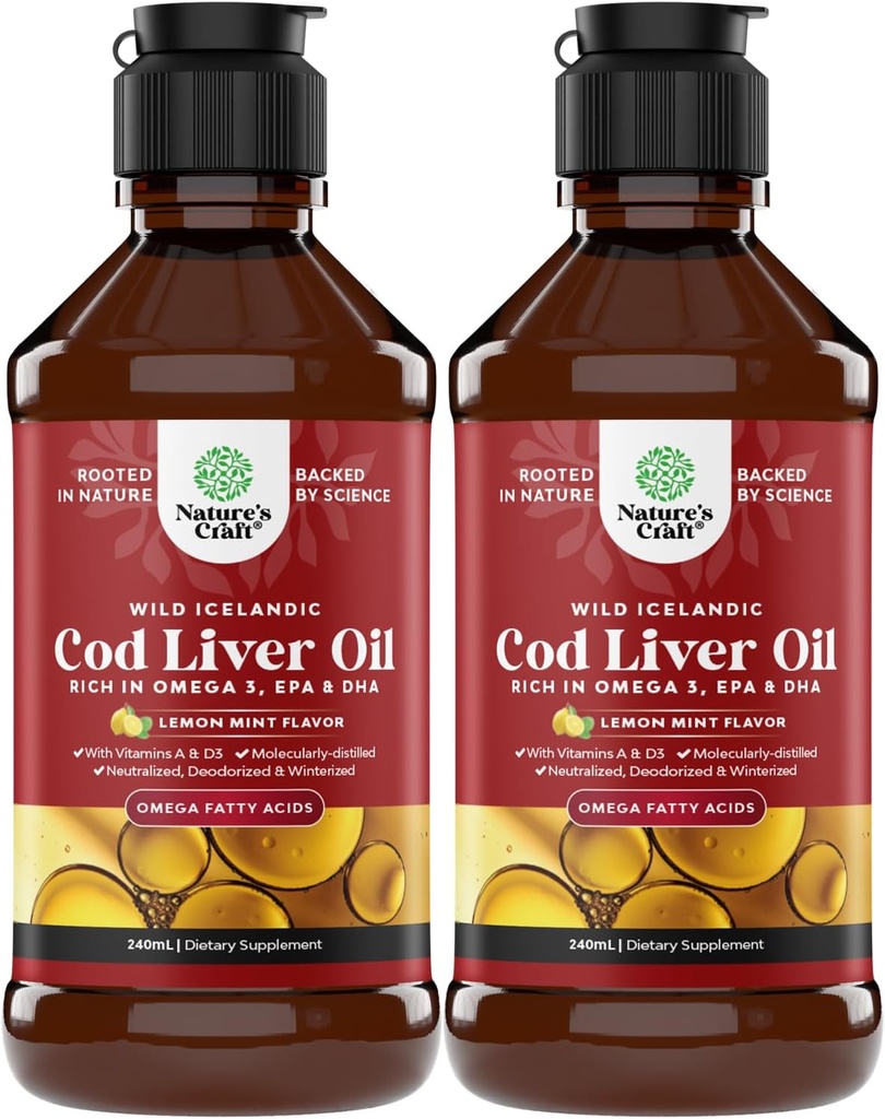 Islandsk Wild Fanget Cod Lever Oil Liquid - Fish Oil Drops med Omega 3, EPA, DHA, Vitamin D & A - Flydende Cod Lever supplement til hjerte, fælles, hjerne & immunforsvar - 240 ml (8 Ounce) 2 Pack