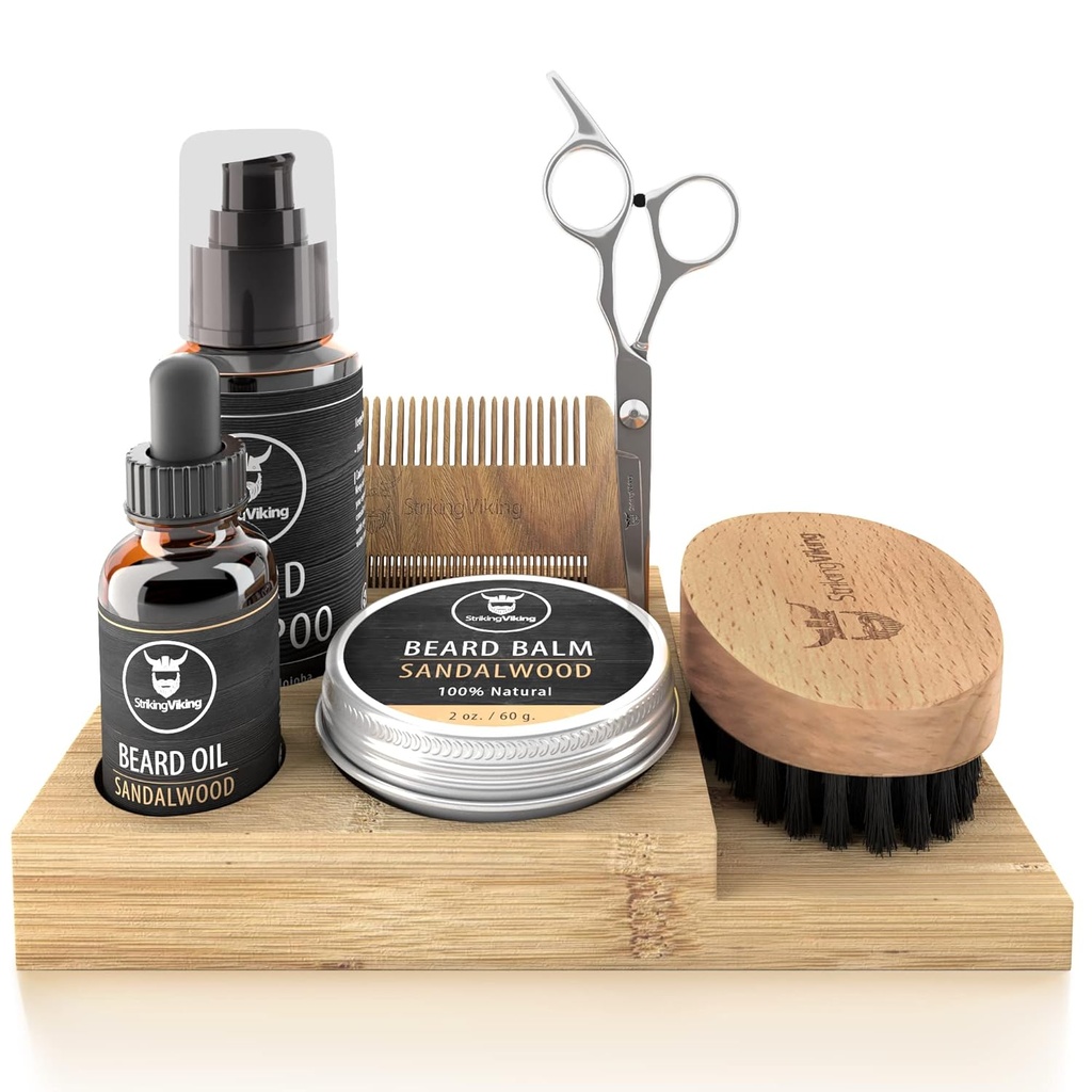 Striking Viking Beard Growth Kit - 7-stykke sæt, Sandalwood Duft & Caddy - Olie & Bald med Beard Brush, Dual- Sided Comb & Saks plus Mustache Comb for Grooming & Styling