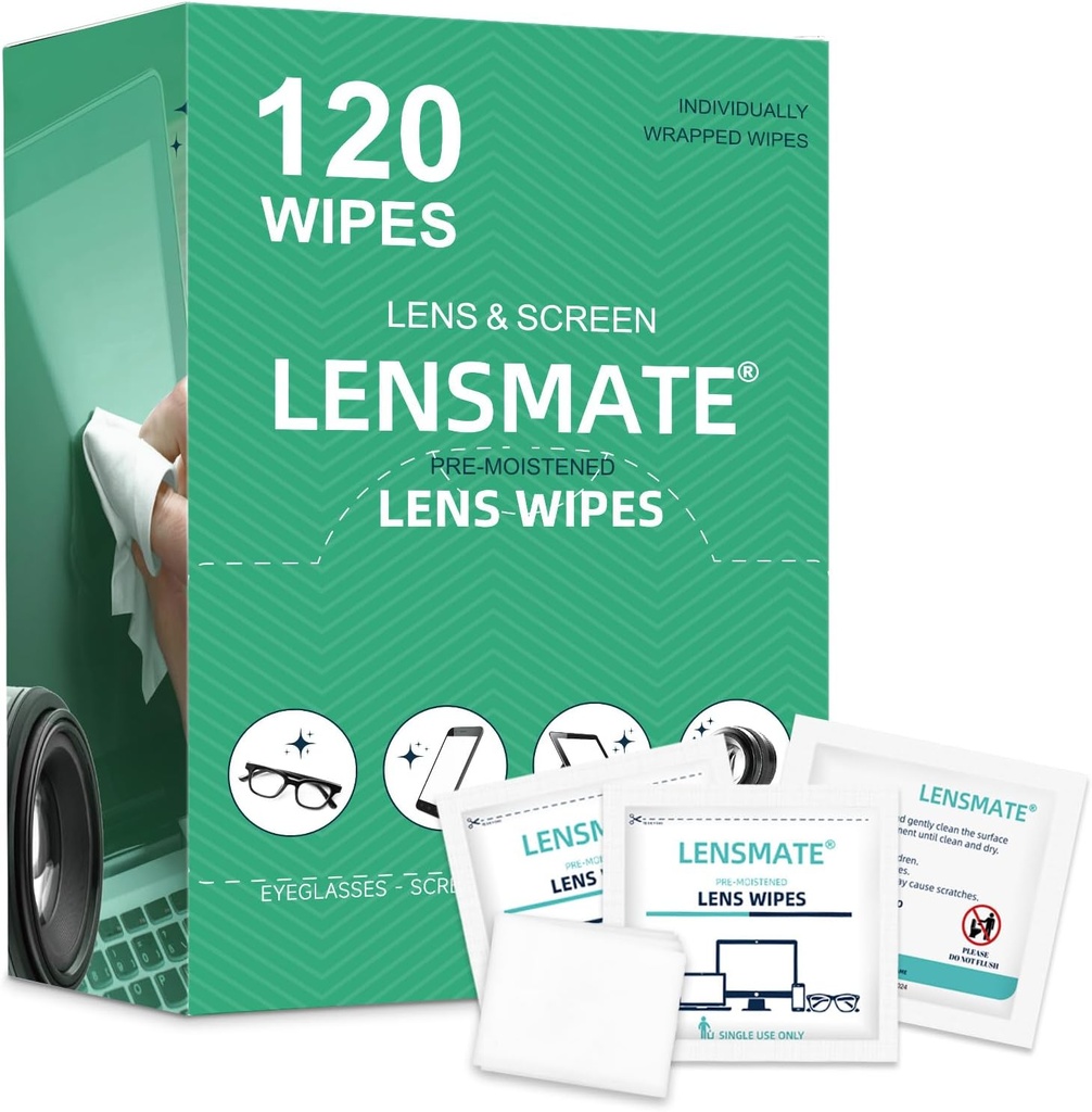Lensmate 120 Grev Lens-servietter til Eyeglasses, Præ- fugtgivende & individuelt indpakkede Eyeglass-servietter, Lens-renseservietter til Eyeglasses, Solbriller, Briller og Kamera Lens