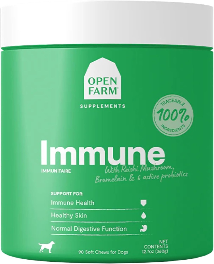 Åbne Farm Immun Chews, Hundetillæg med Plant- baserede ingredienser og probiotika til immun- og hudstøtte, 12.7 oz, 90 Greve