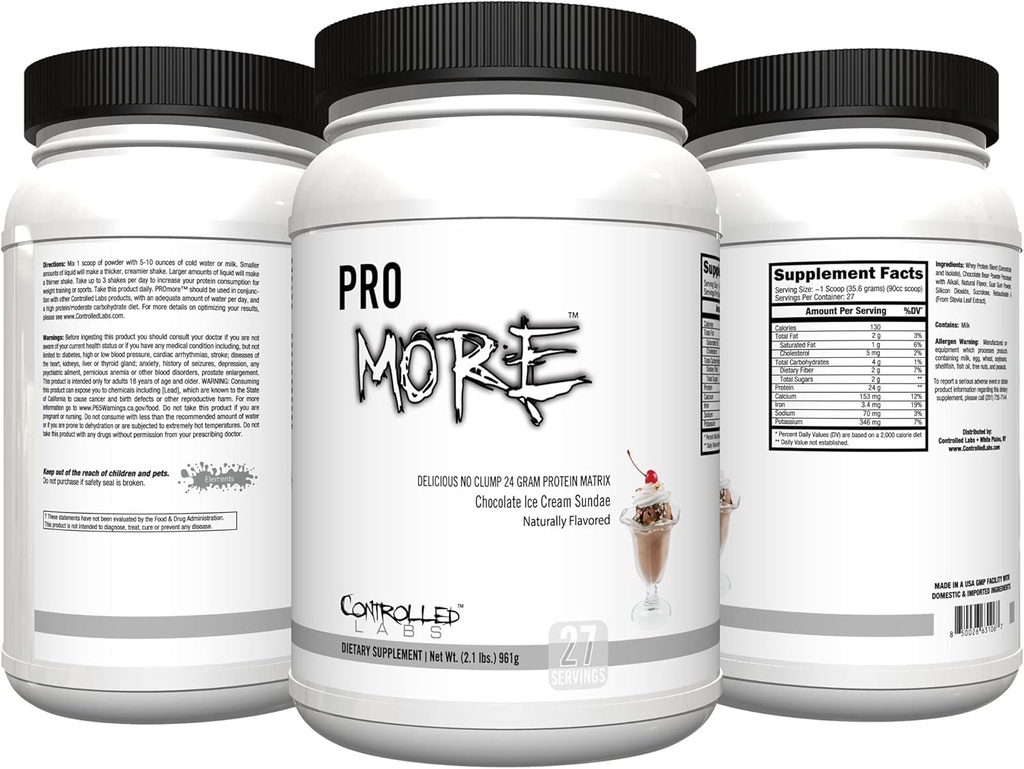 KONTROLLERET ETIKETTER PROmore Protein Powder (27 Servere) - 24g Protein Per Scoop - 94% sukkerfri, Premium Smooth- Drink Formel (Chocolate Ice Cream Sundae) (27 Servere, Chocolate Ice Cream Sundae)