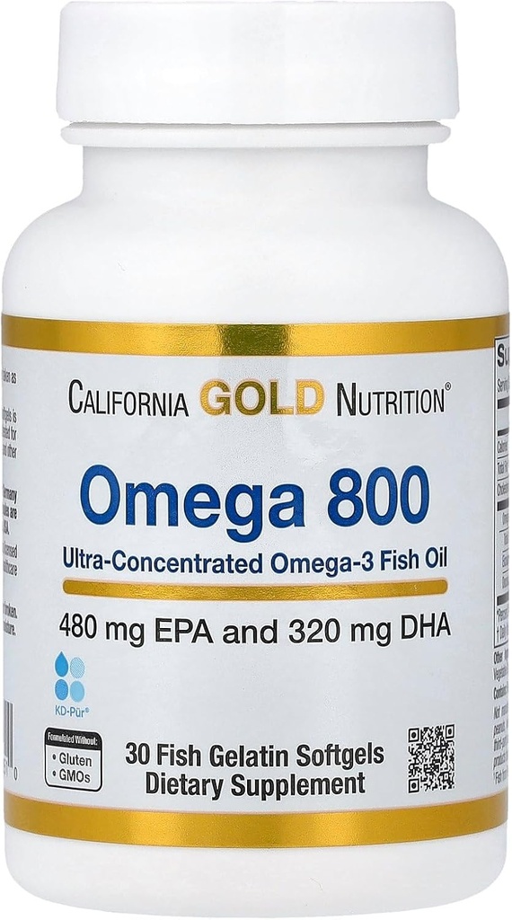 California Gold Nutrition Omega 800 Ultra- Koncentreret Omega-3 Fish Oil, kd- pur ® Triglycerid Form, 30 Fish Gelatine Softgels (1000 mg per Softgel)