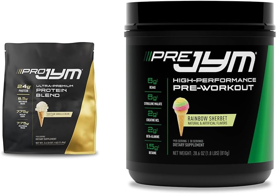 PRO JYM 45 Serveringer - Tahitian Vanilla Bean & Pre Jym Rainbow Sherbet, 30 Serveringer, Rainbow Sherbet, 1.8 Pound (Pack of 1)