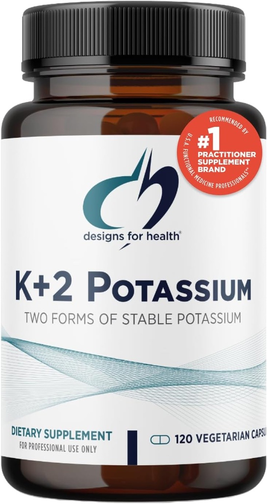 Design til sundhed K + 2 Kalium - 300mg To former for kalium - Kalium Bicarbonat + Glycinat piller - supplement støtte til at hjælpe med at opretholde sunde blodtryksniveauer (120 kapsler)