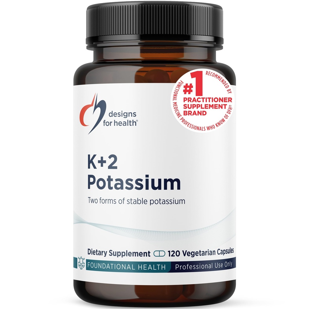Design til sundhed K + 2 Kalium - 300mg To former for kalium - Kalium Bicarbonat + Glycinat piller - supplement støtte til at hjælpe med at opretholde sunde blodtryksniveauer (120 kapsler)